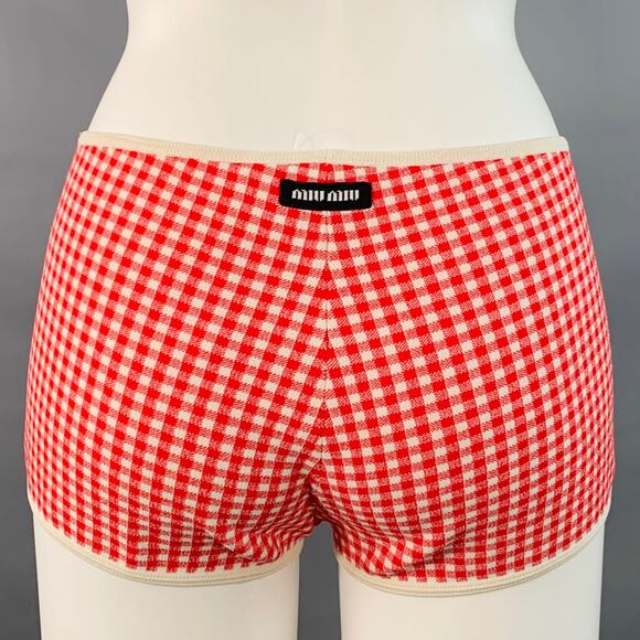 MIU MIU Size S Red Cream Viscose Gingham Elastic Waistband Shorts - Picture 2 of 3